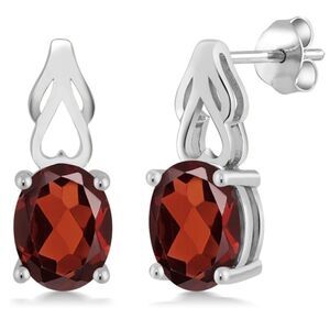 925 Sterling Silver with 3.60 Cttw Red Garnet Oval Post Back Drop Earrings